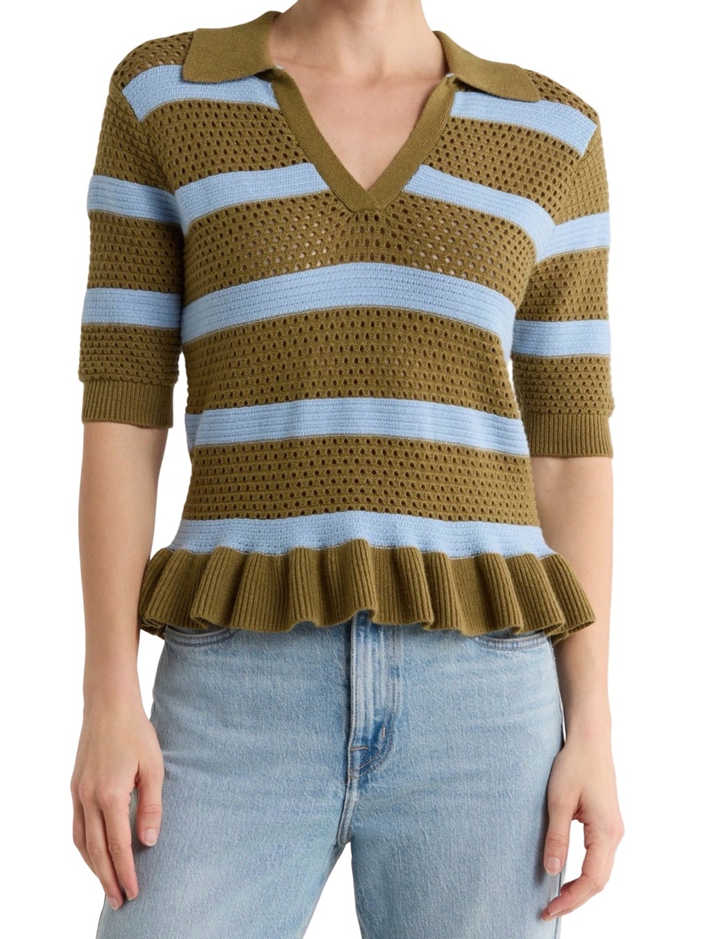 NWT Scotch & Soda Pointelle Peplum Sweater Green Moss Cerulean XS - Picture 4 of 16